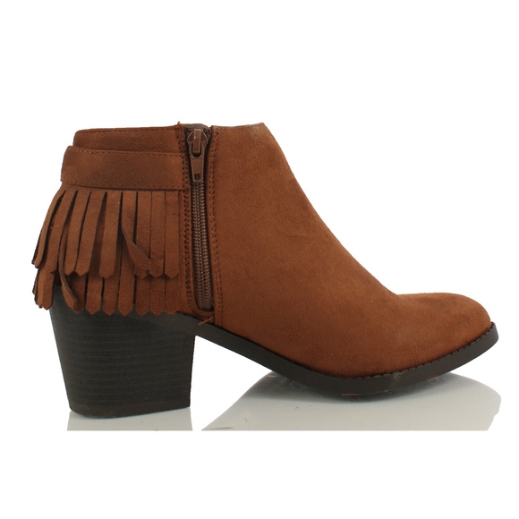 Cognac Faux Suede Back Fringe Ankle Bootie - Picture 3 of 5